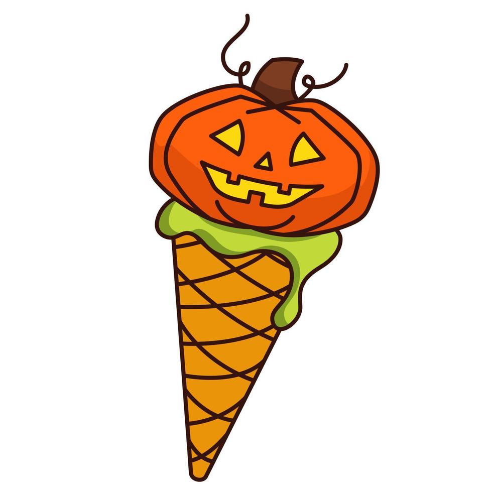 Helado de calabaza. dulce de Halloween. linda calabaza en un cono de galleta. vector