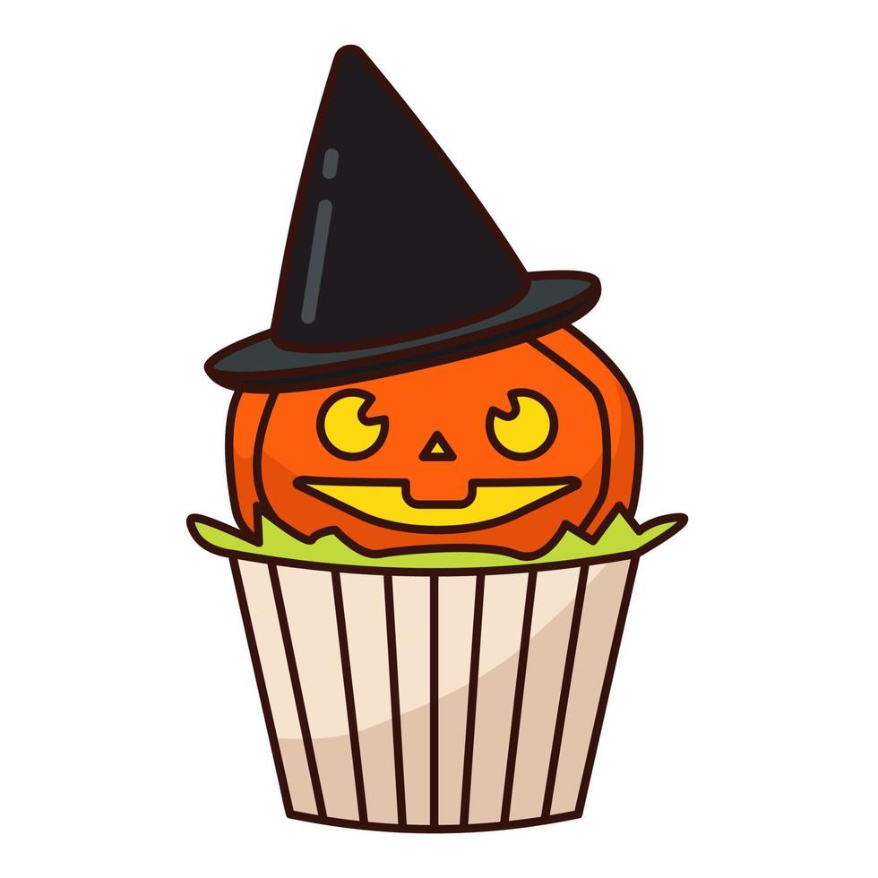 bizcocho de calabaza. dulce de Halloween. linda calabaza con sombrero de bruja. vector