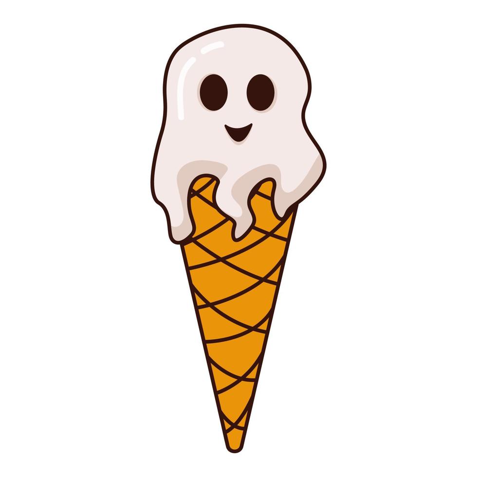 Ice cream with a kindly ghost. Halloween candy. Cute ghost in a waffle cone. vector