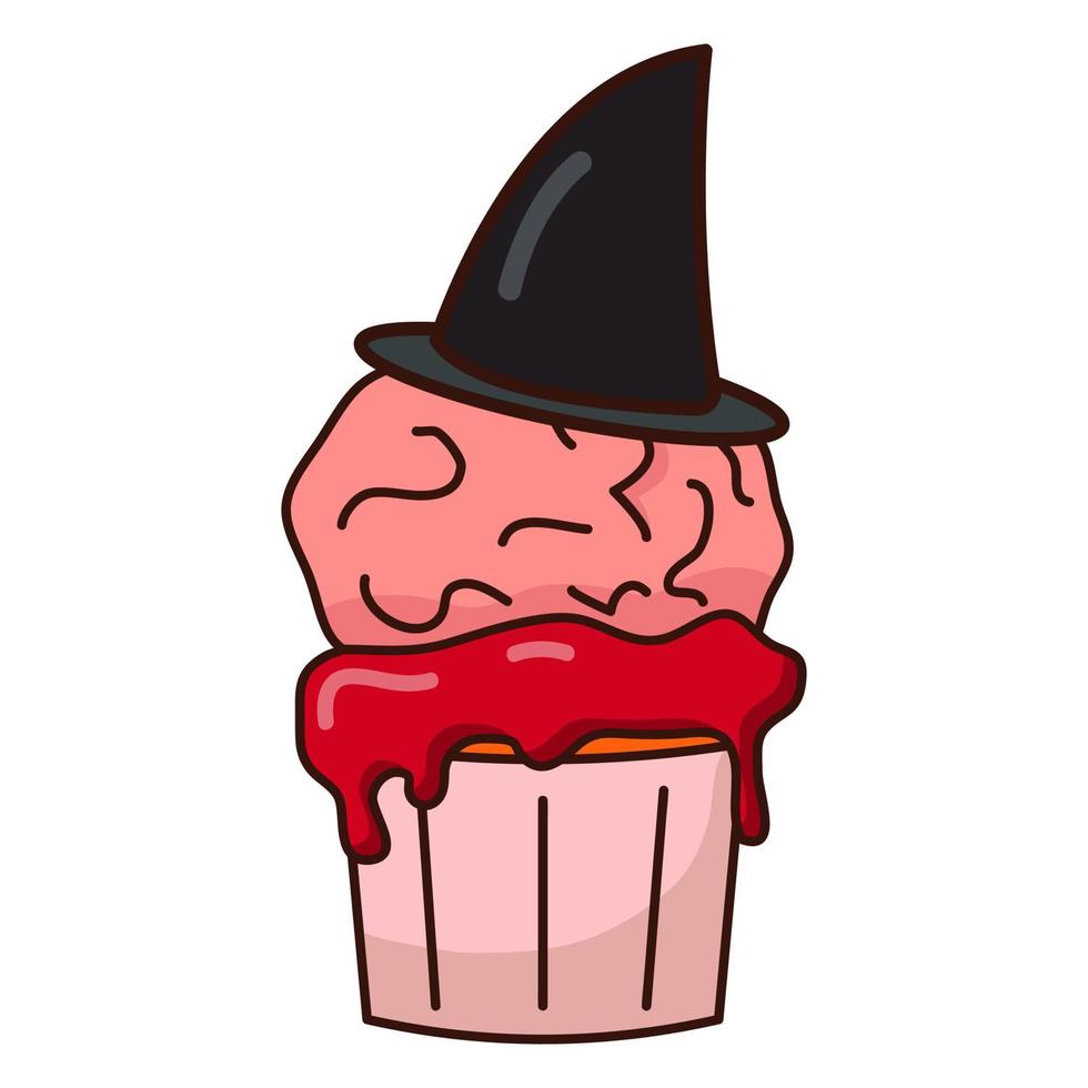 bizcocho de cerebro. dulce de Halloween. cerebro de dibujos animados en un sombrero de bruja en un muffin. vector