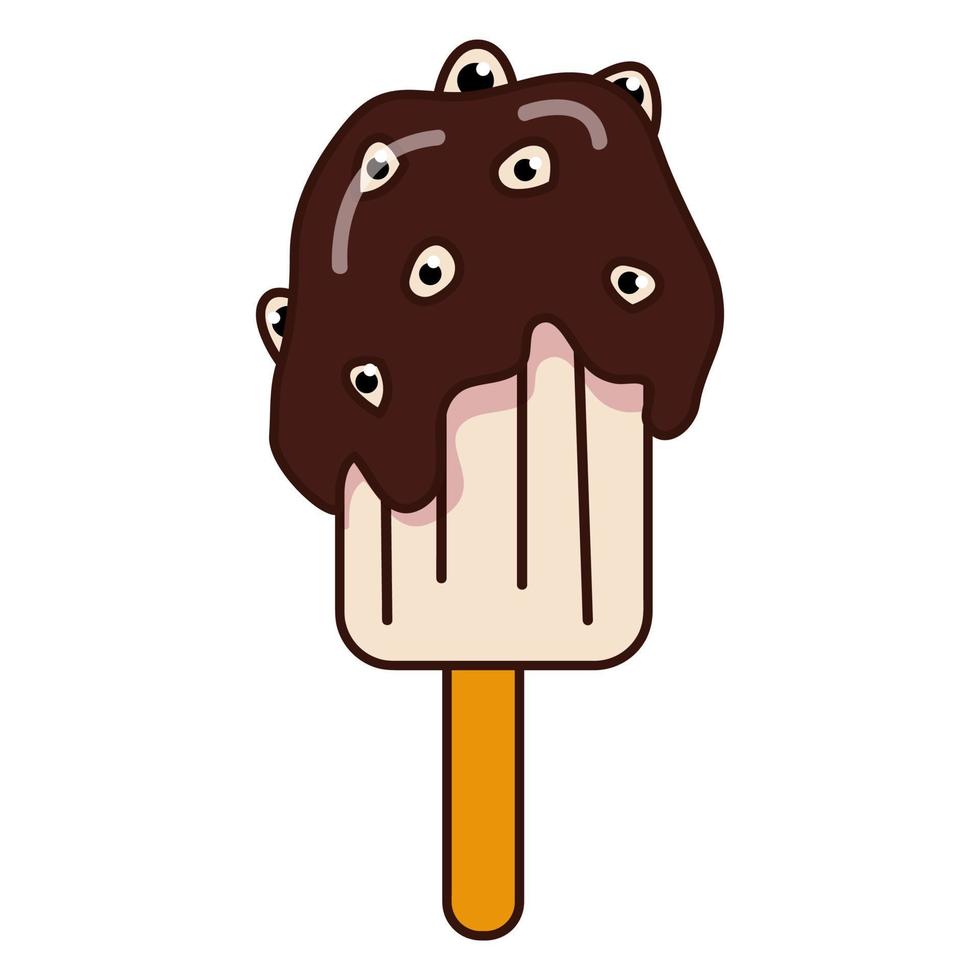 Ice cream on a stick with chocolate with eyes. Halloween candy. Sprinkles in the form of eyes on chocolate on popsicles. vector