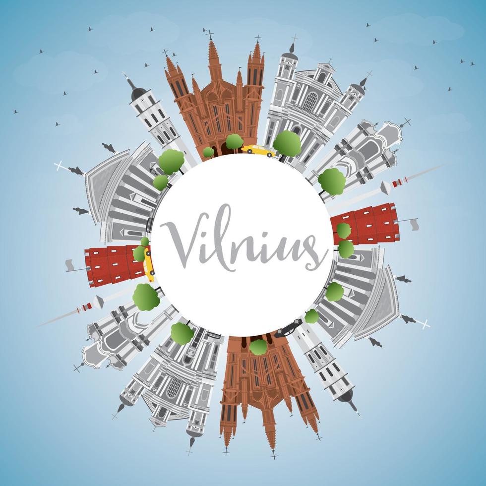 horizonte de vilnius con puntos de referencia grises, cielo azul y espacio de copia. vector