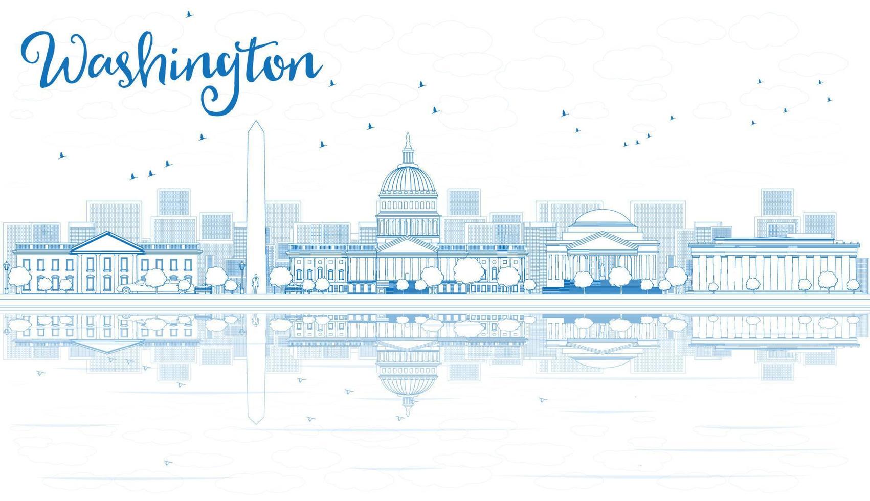 Outline Washington DC Skyline with Blue Buildings and Reflections. vector