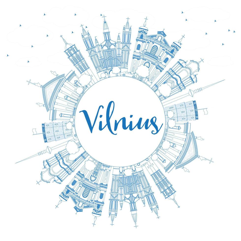 Outline Vilnius Skyline with Blue Landmarks and Copy Space. vector