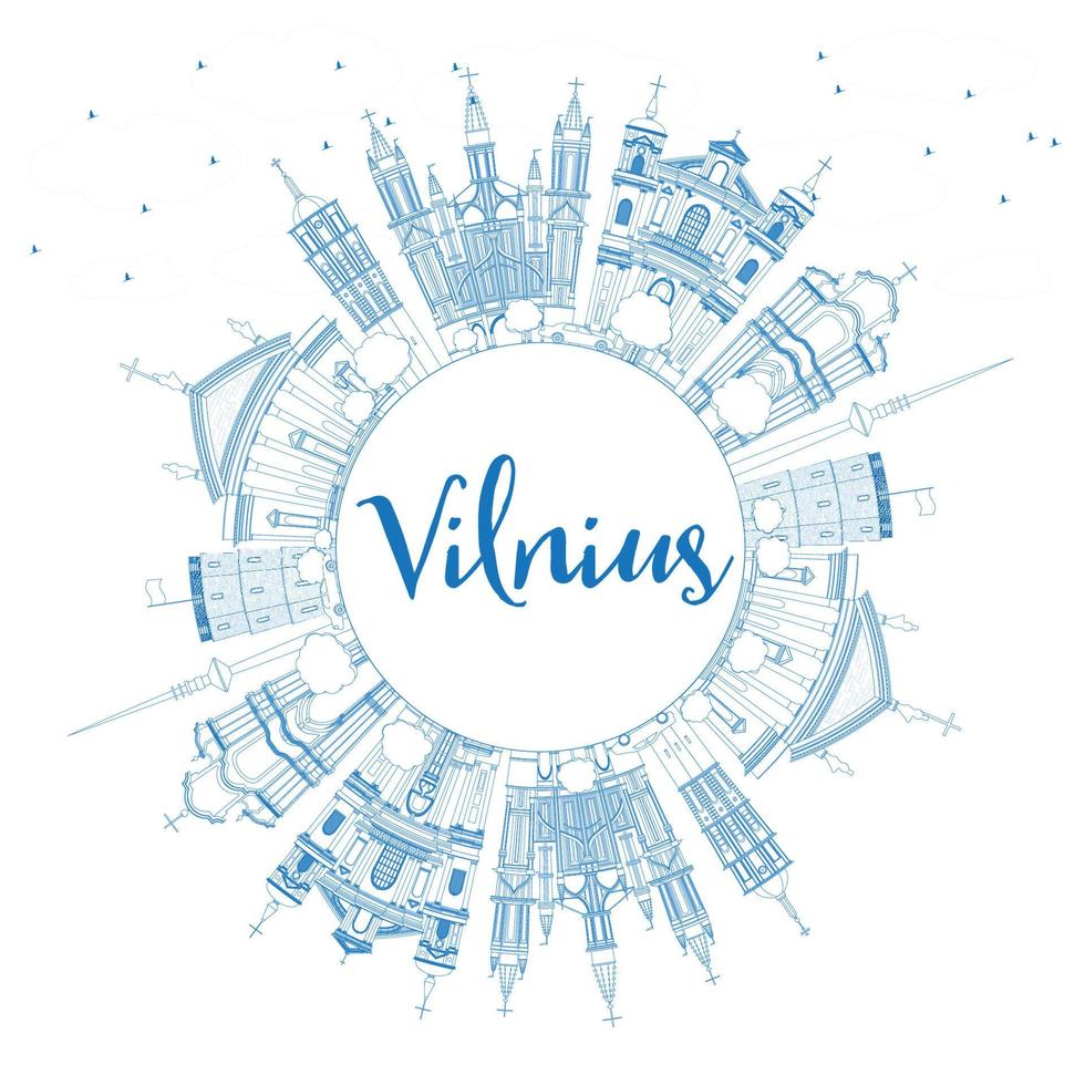 delinee el horizonte de vilnius con puntos de referencia azules y copie el espacio. vector