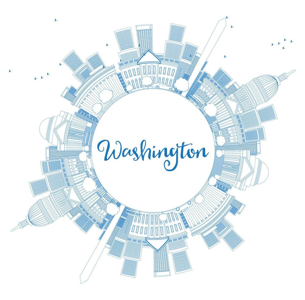 Outline Washington DC Skyline with Copy Space and Blue Buildings. vector