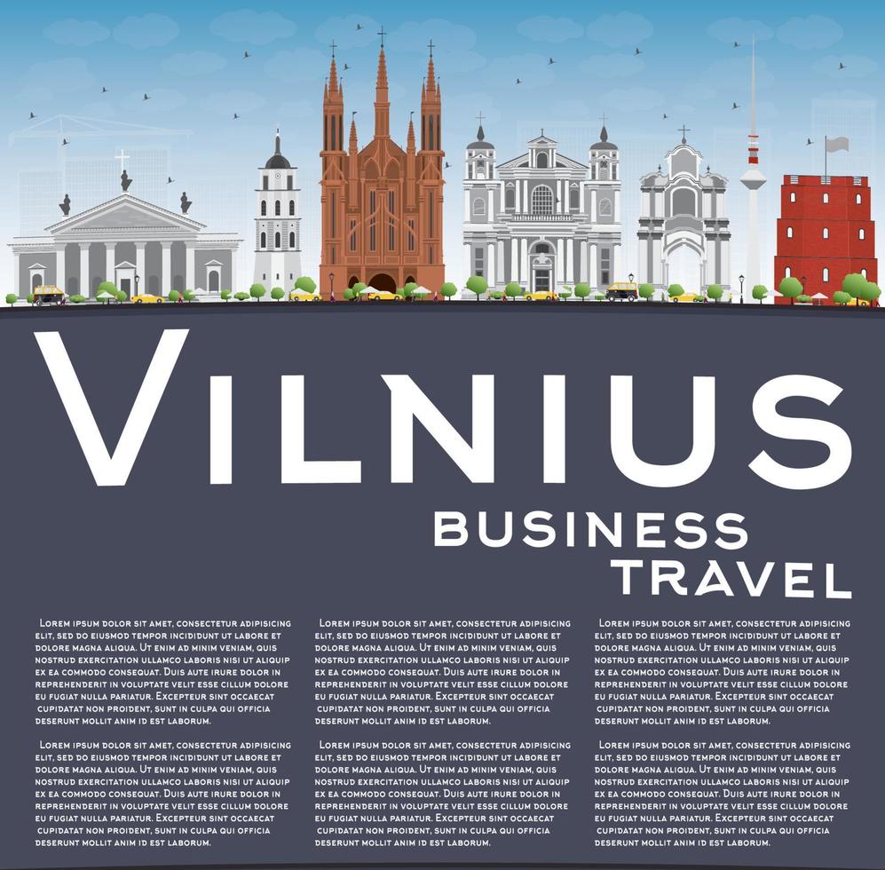 horizonte de vilnius con puntos de referencia grises, cielo azul y espacio de copia. vector