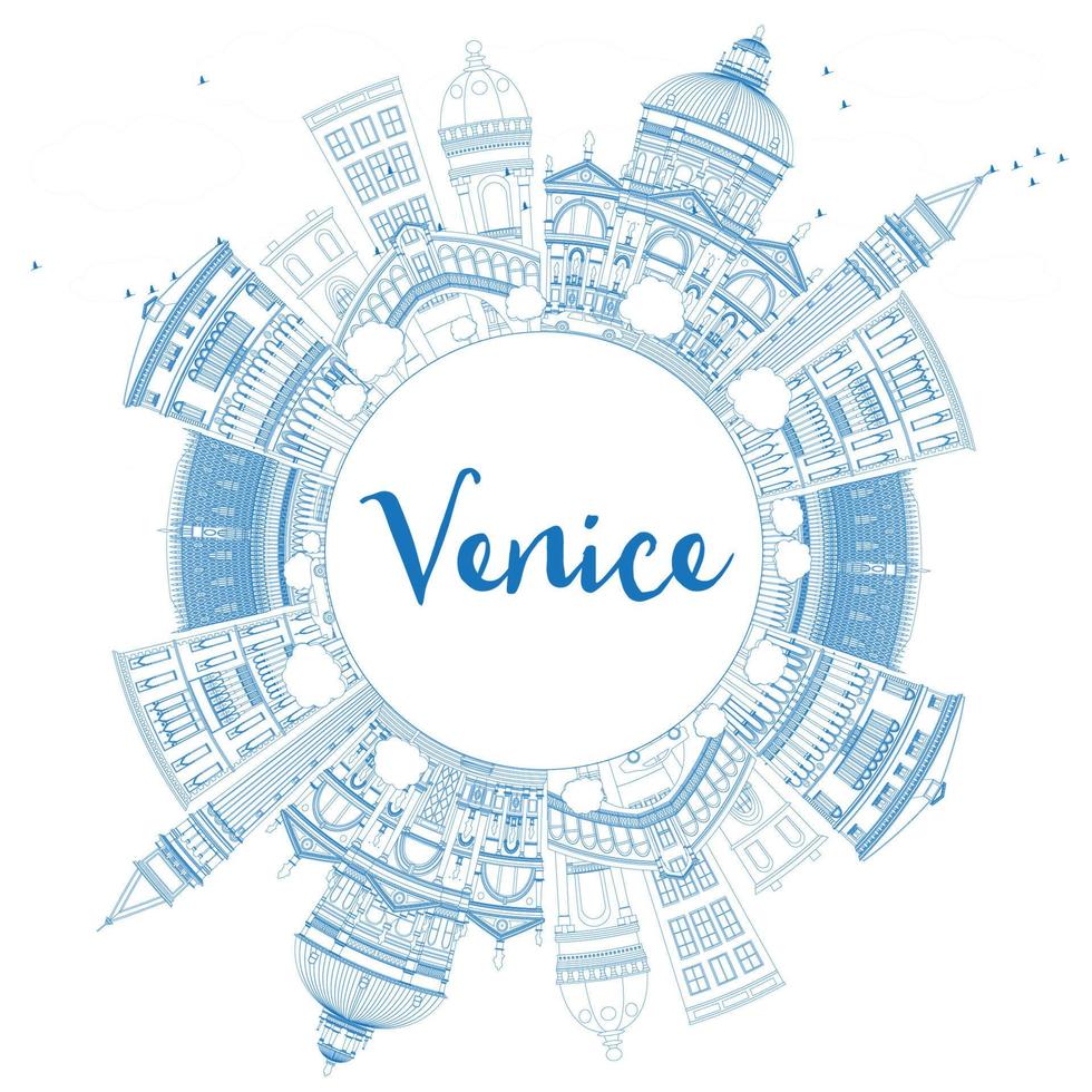 delinear la silueta del horizonte de Venecia con edificios azules. vector