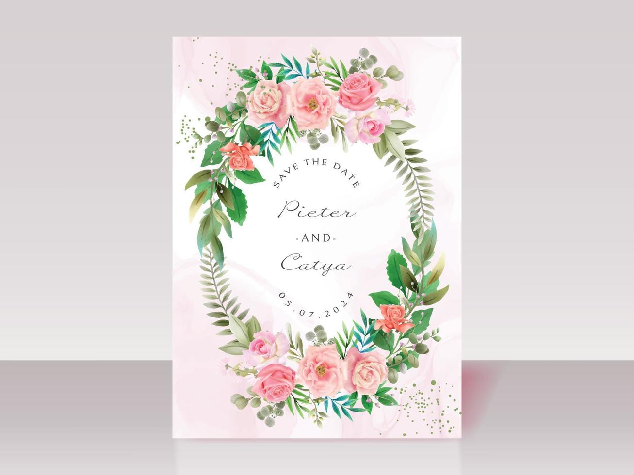Beautiful pink floral watercolor wedding invitation cards vector