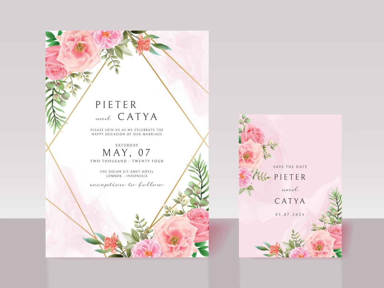 Beautiful pink floral watercolor wedding invitation cards vector