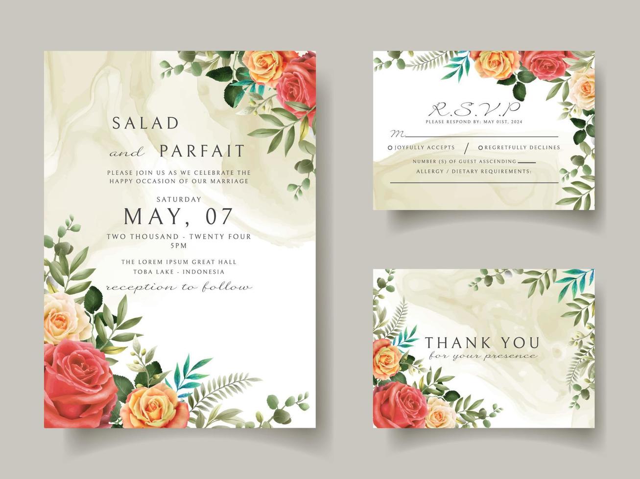 Wedding invitation card template with red roses design vector