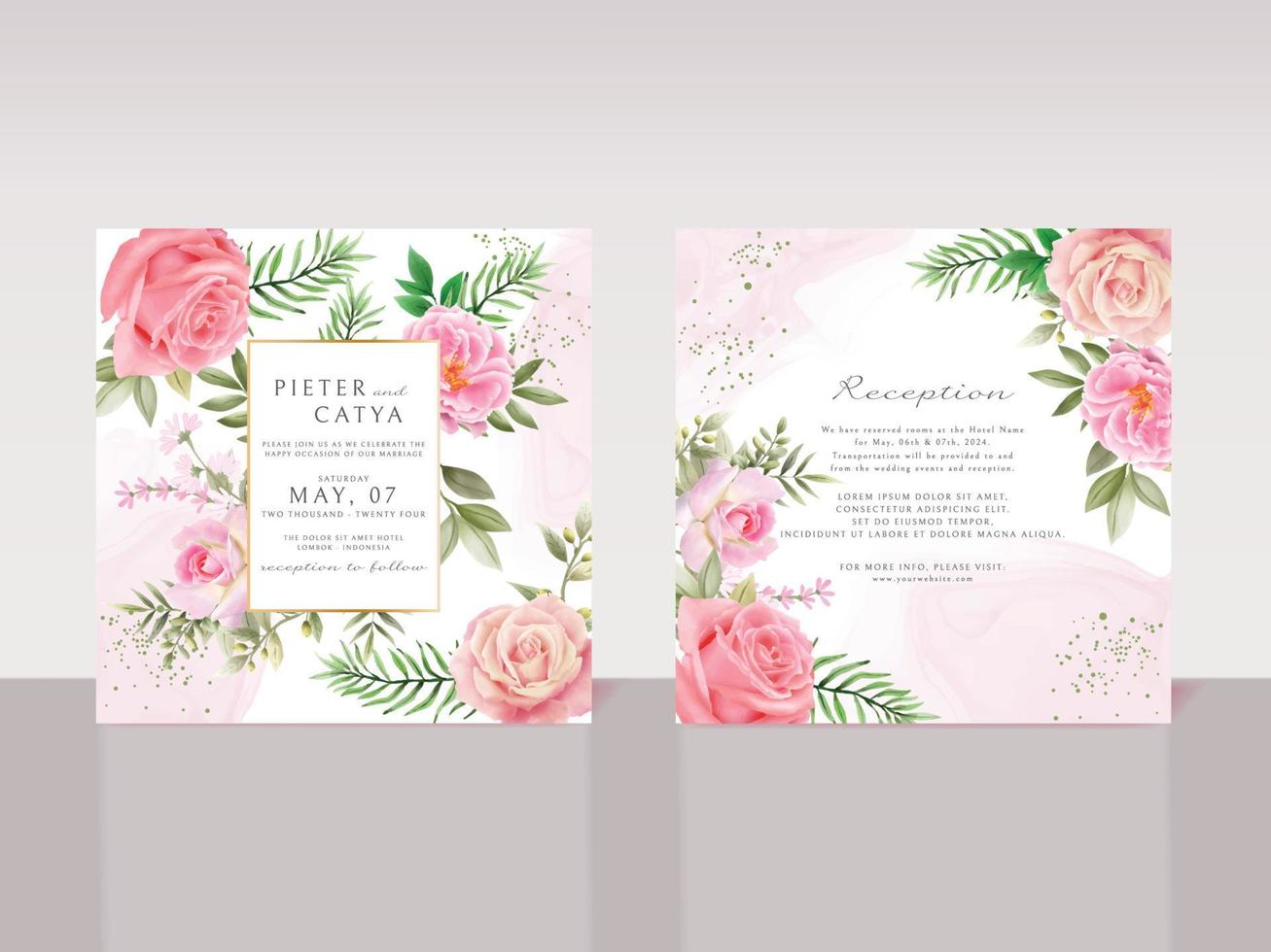 Beautiful pink floral watercolor wedding invitation cards vector