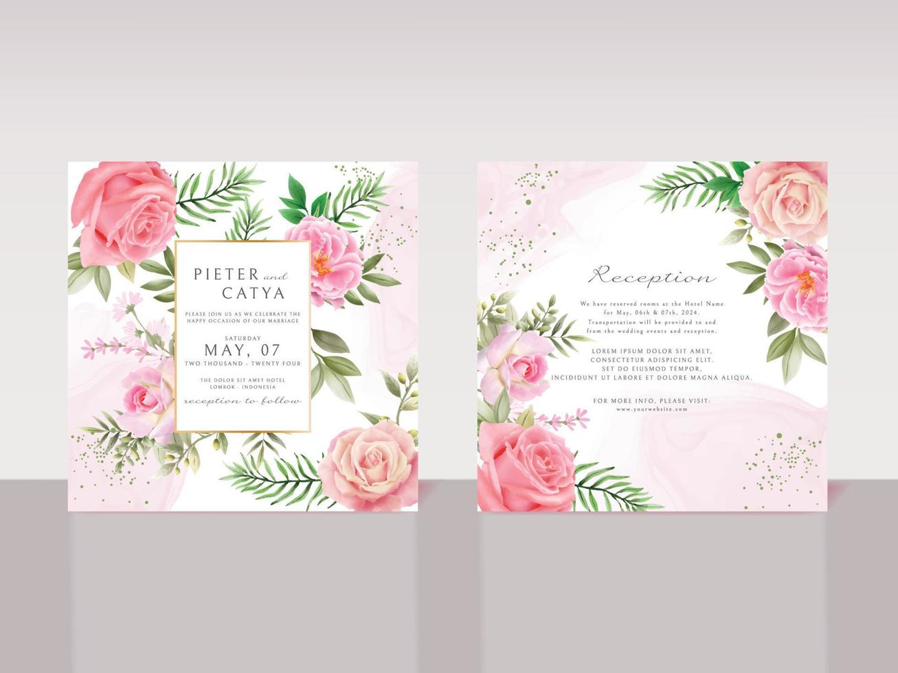 hermosas tarjetas de invitación de boda de acuarela floral rosa vector