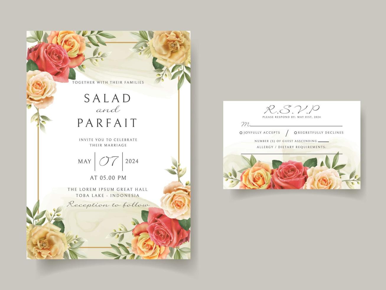 plantilla de tarjeta de invitación de boda con diseño de rosas rojas vector