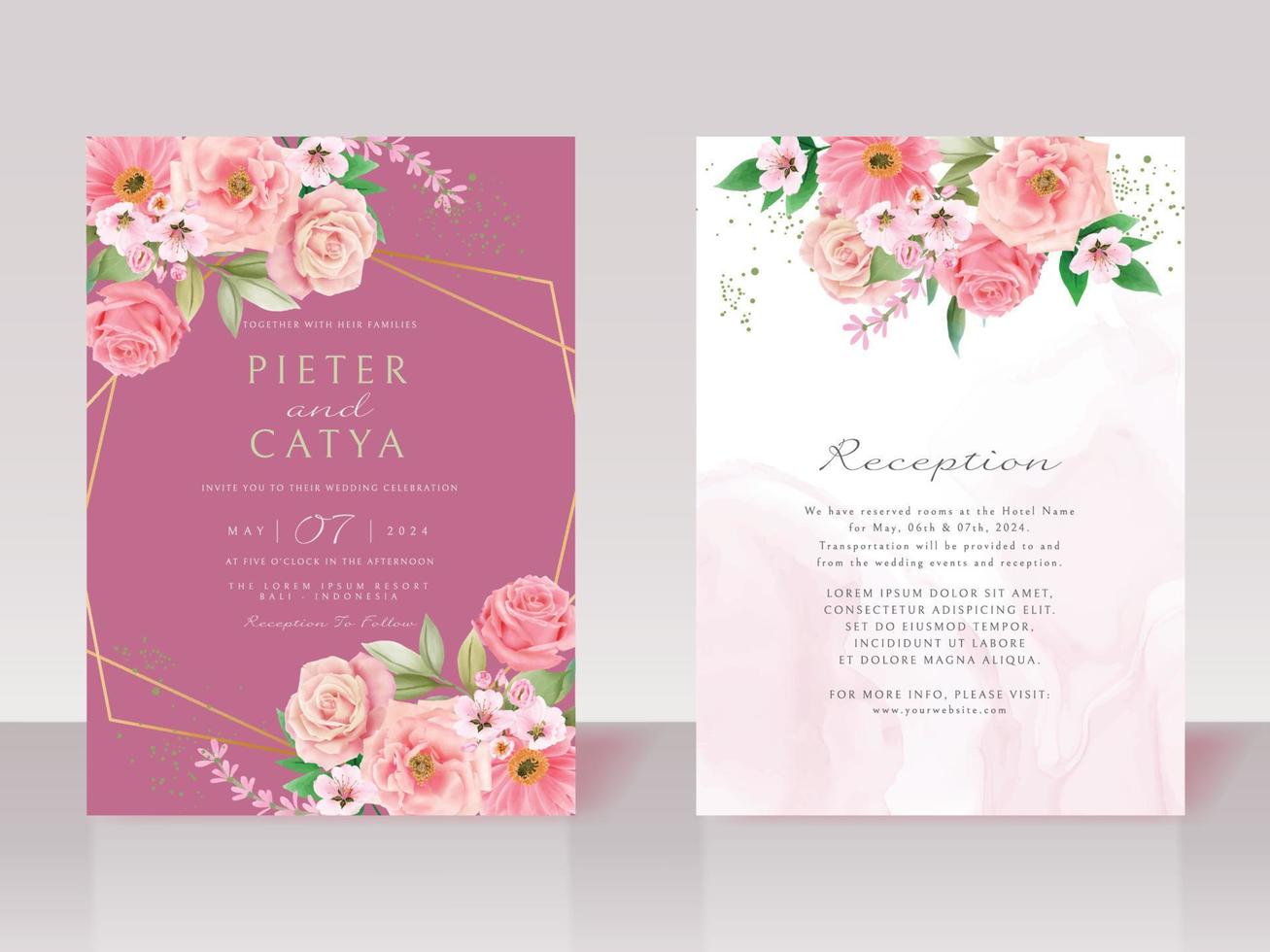Beautiful pink floral watercolor wedding invitation cards vector