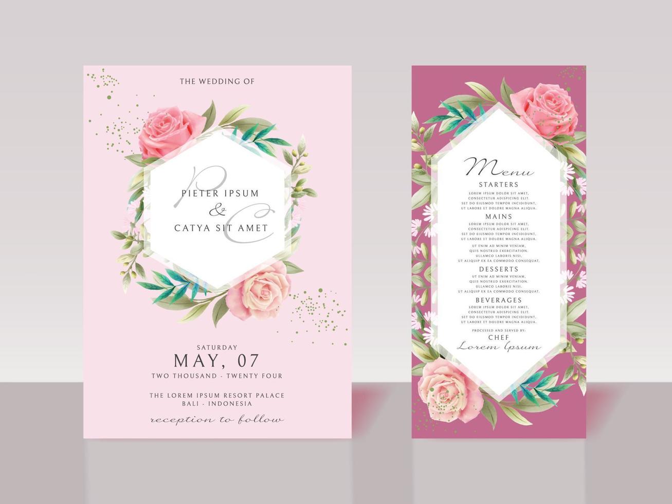 hermosas tarjetas de invitación de boda de acuarela floral rosa vector
