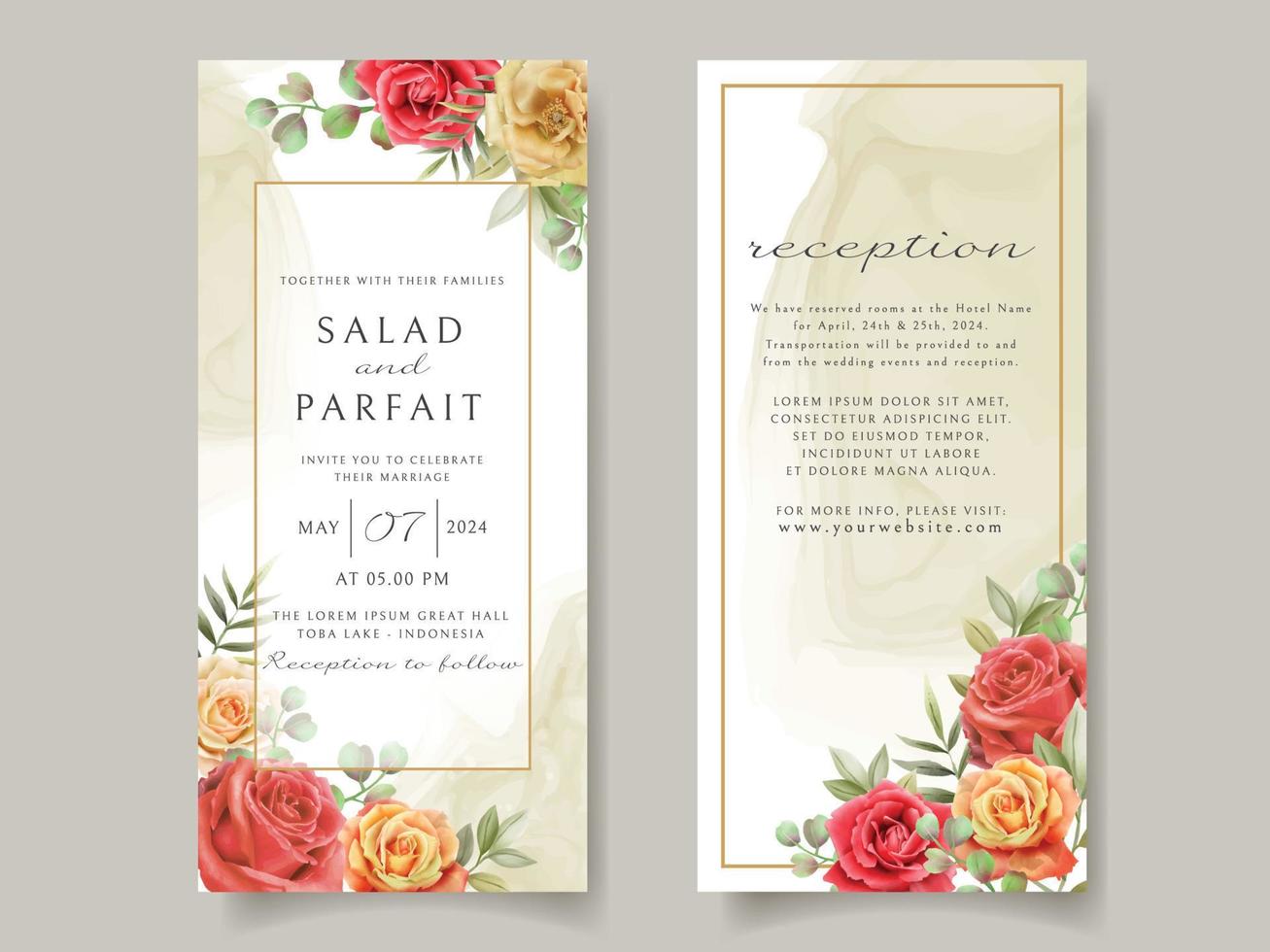 Wedding invitation card template with red roses design vector