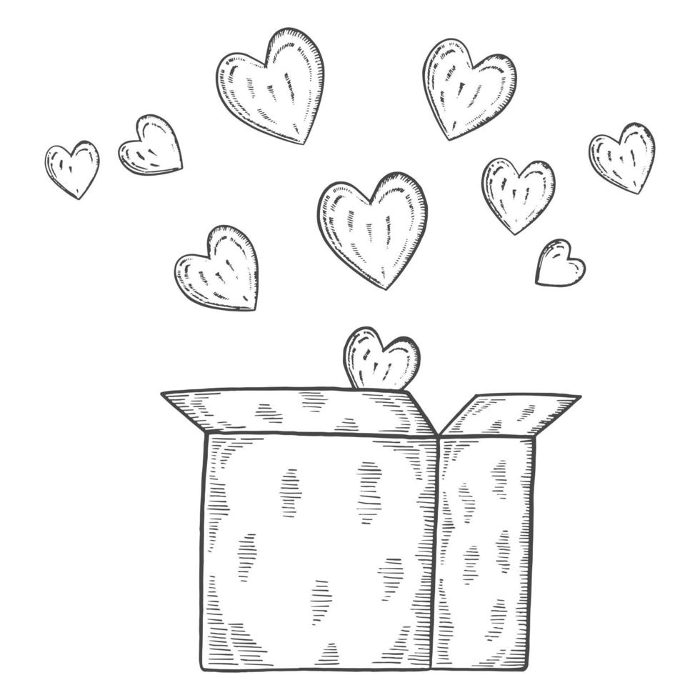 caja con corazón caridad día internacional humanitario garabato aislado boceto dibujado a mano con estilo de contorno vector