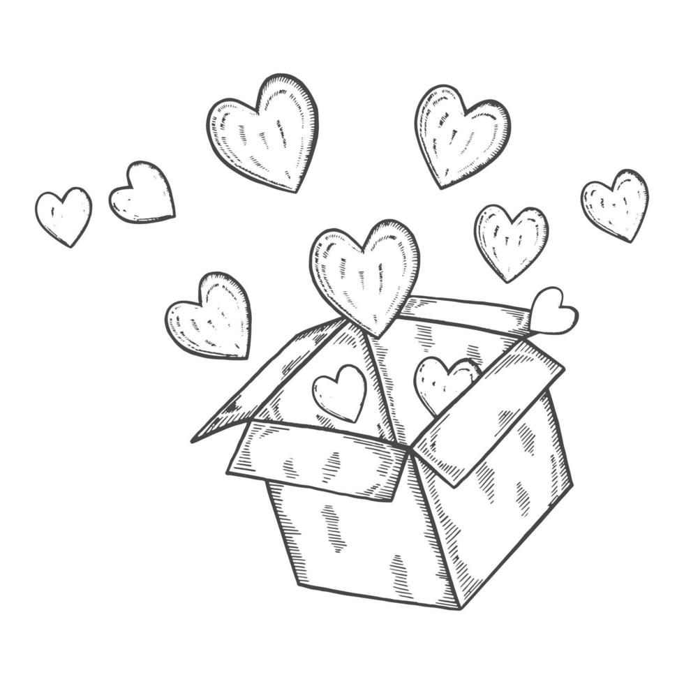 caja abierta con corazón caridad día internacional humanitario garabato aislado boceto dibujado a mano con estilo de esquema vector