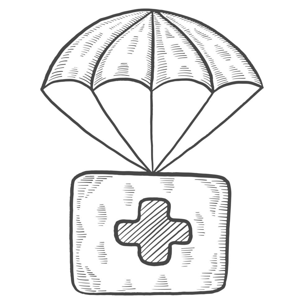 healthcare parachute box charity humanitarian international day isolated doodle hand drawn sketch with outline style vector