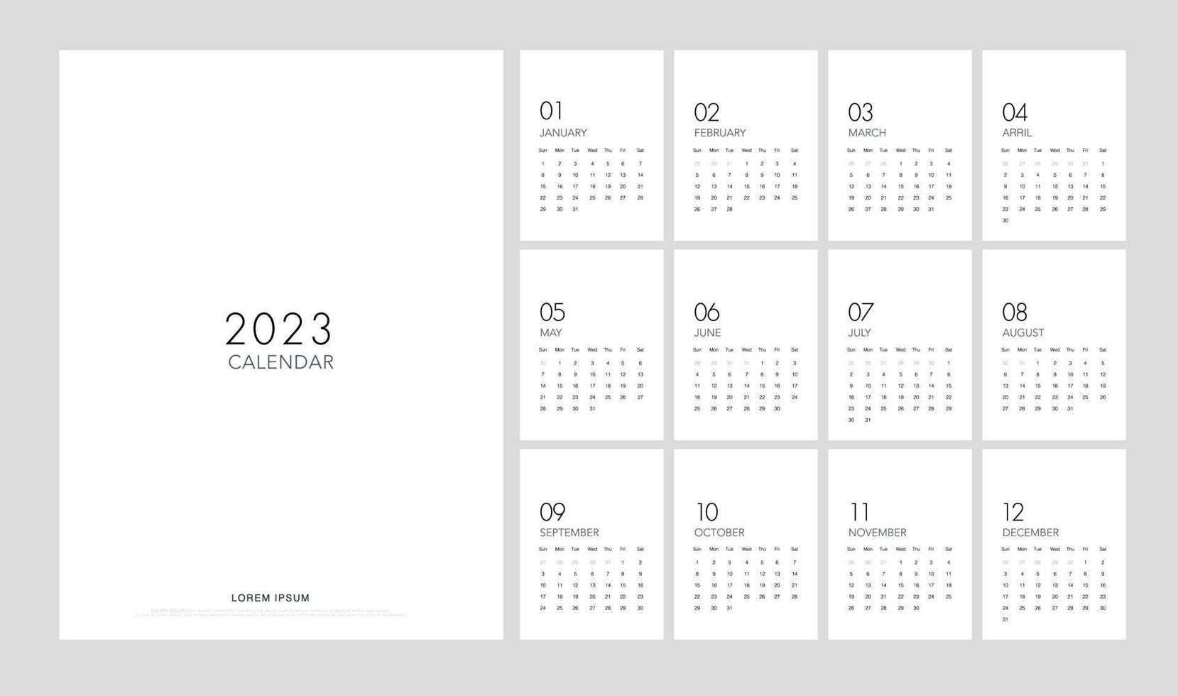 Calendario 2023 estilo minimalista de moda. diseño de planificador de calendario mínimo clásico para imprimir un conjunto de plantillas de calendario de escritorio de 12 páginas. ilustración vectorial vector