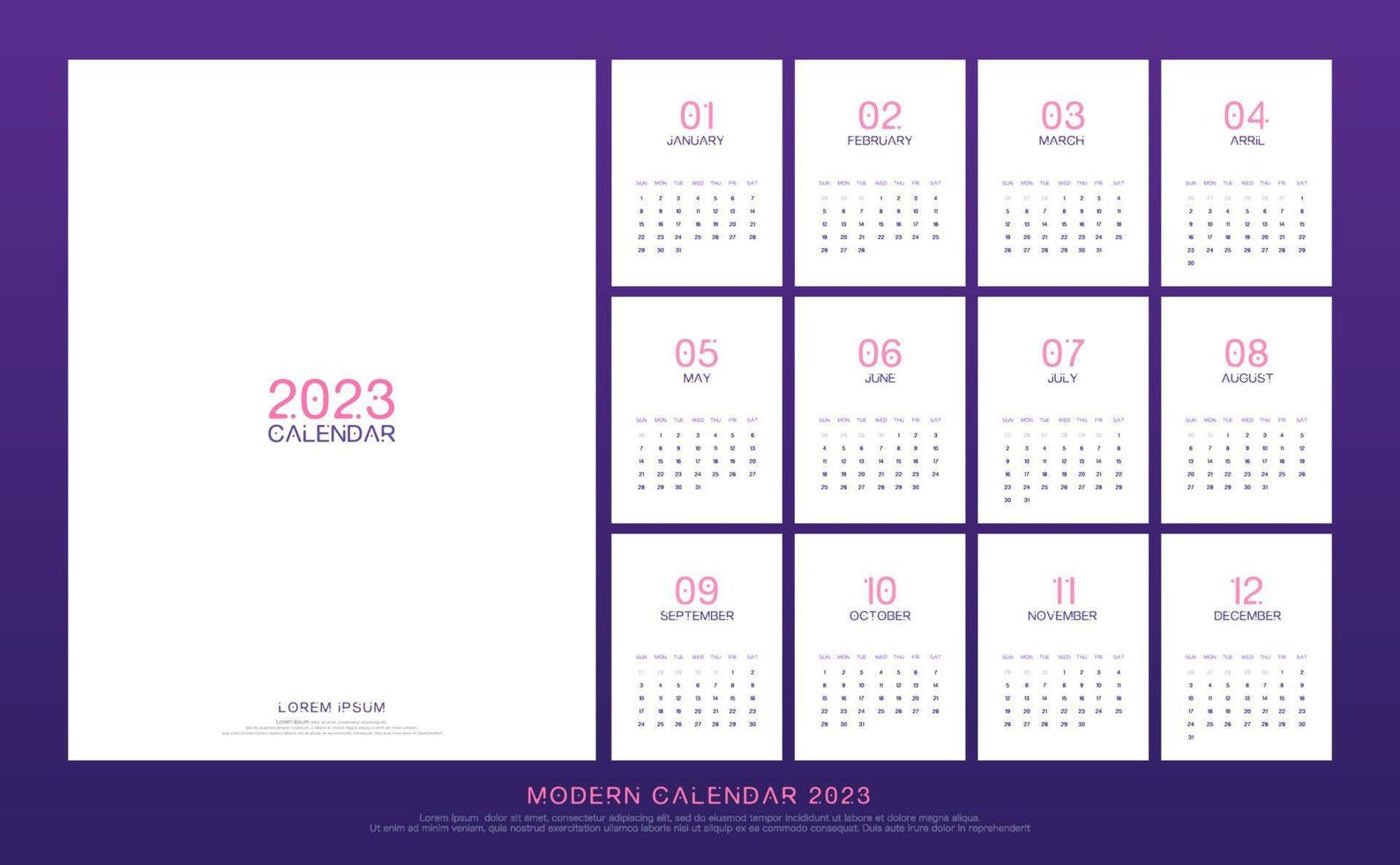 2023 Calendar Trendy Minimalist Style. Modern minimal calendar planner design for printing template set of 12 pages desk calendar. vector illustration