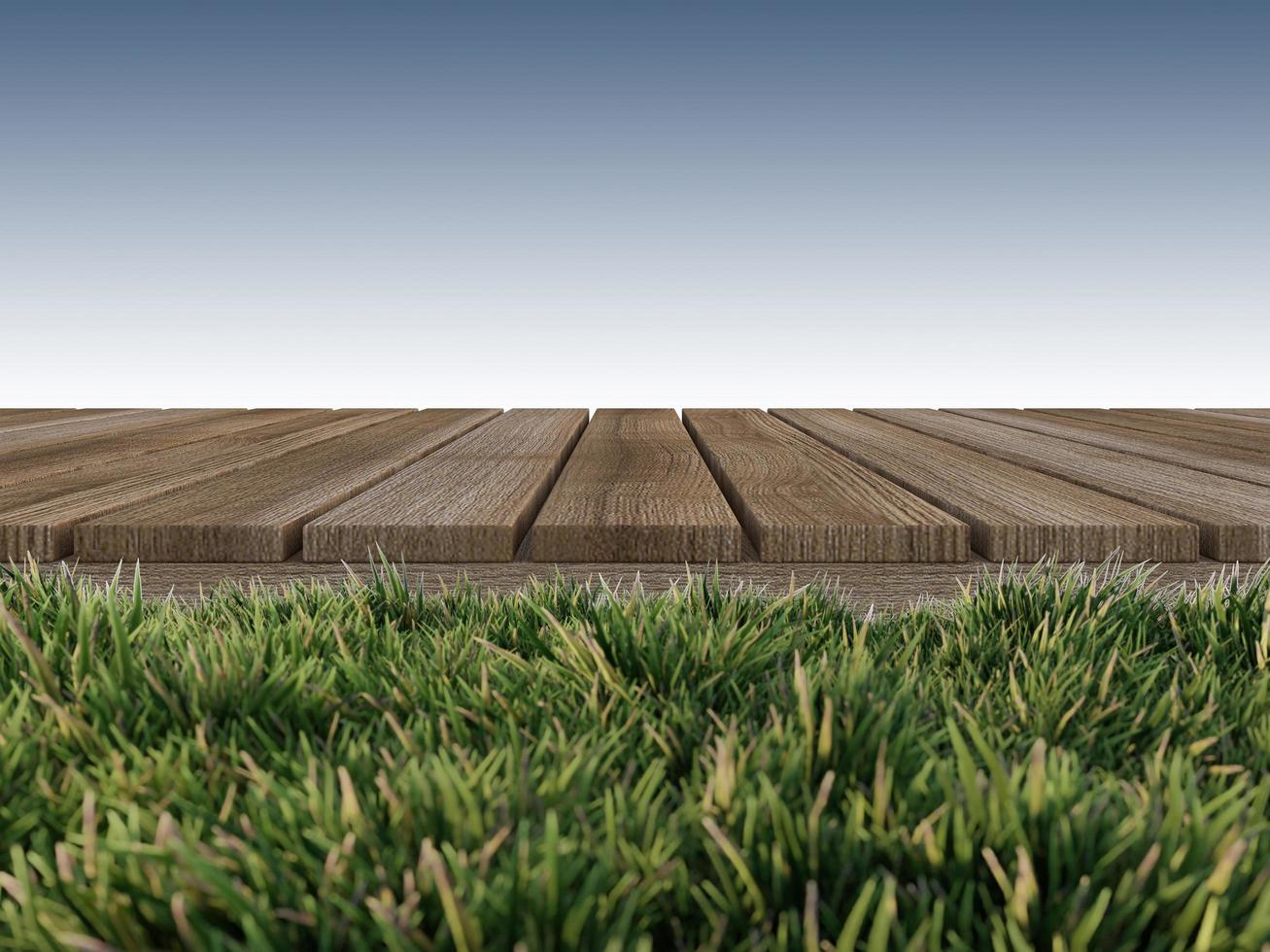 Mockup background for 3d rendering of wooden panel which have grasses as foreground. photo