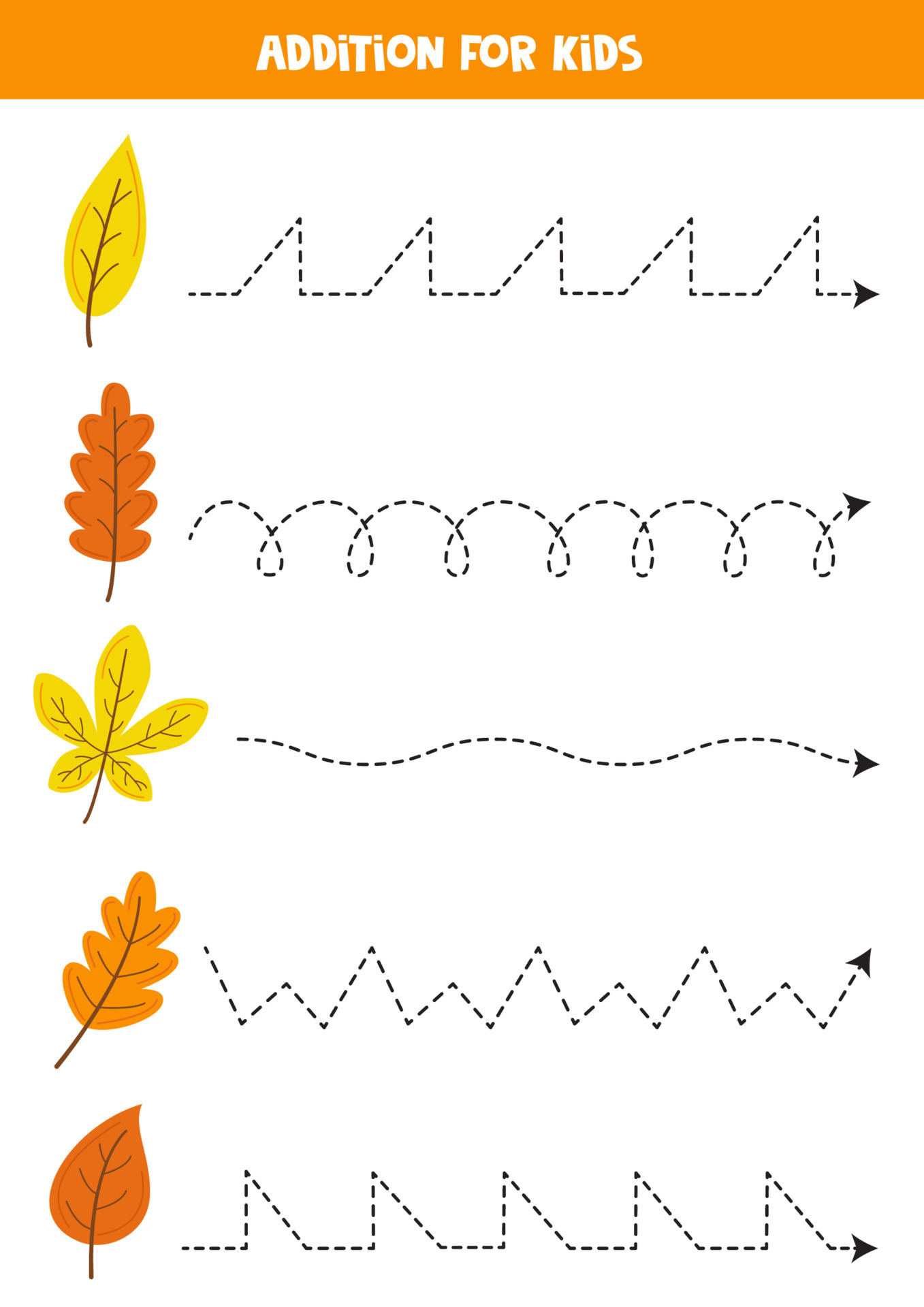 Tracing lines for kids Hand drawn autumn leaves. Writing practice
