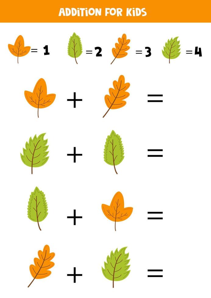 Addition for kids with different cute autumn leaves. vector