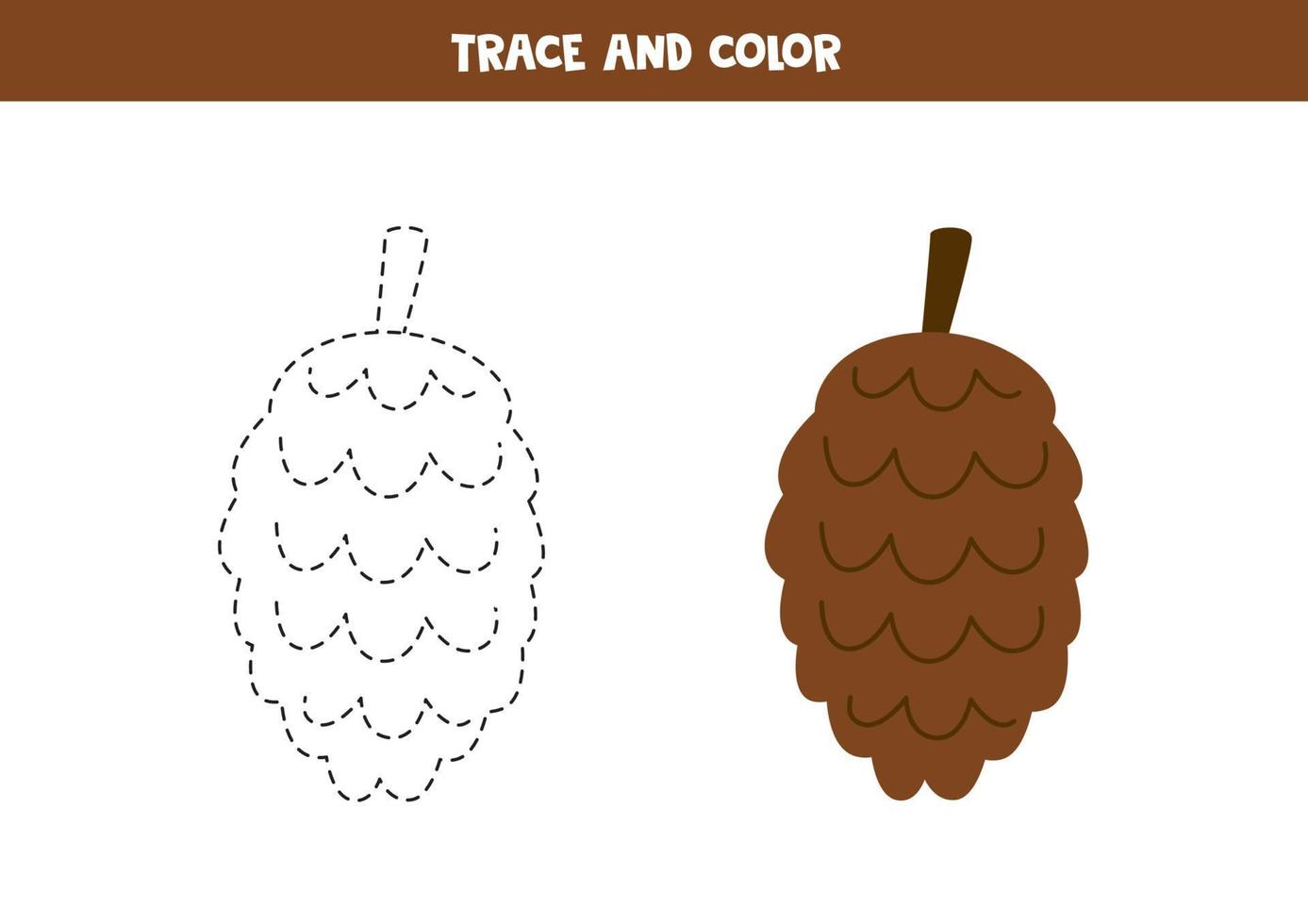 Trace and color cute hand drawn pine cone. Worksheet for children. vector