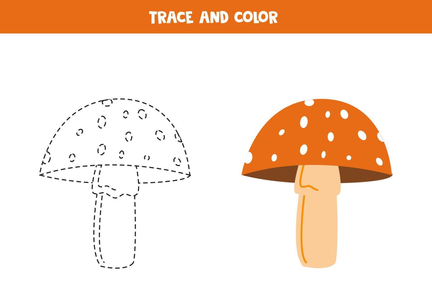 Trace and color cute hand drawn fly agaric. Worksheet for children. vector