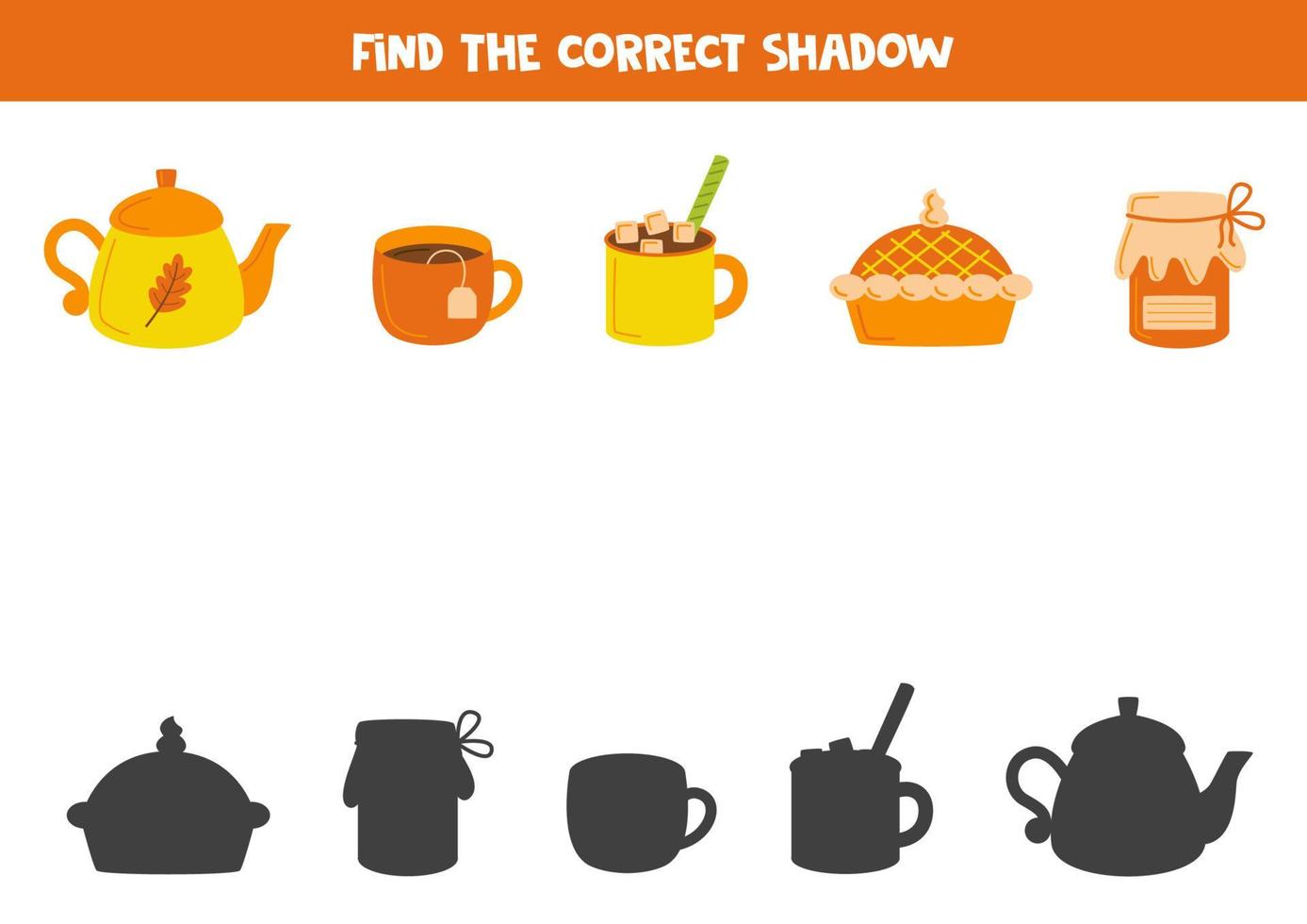 Find the correct shadows of cute autumn elements. Logical puzzle for kids. vector
