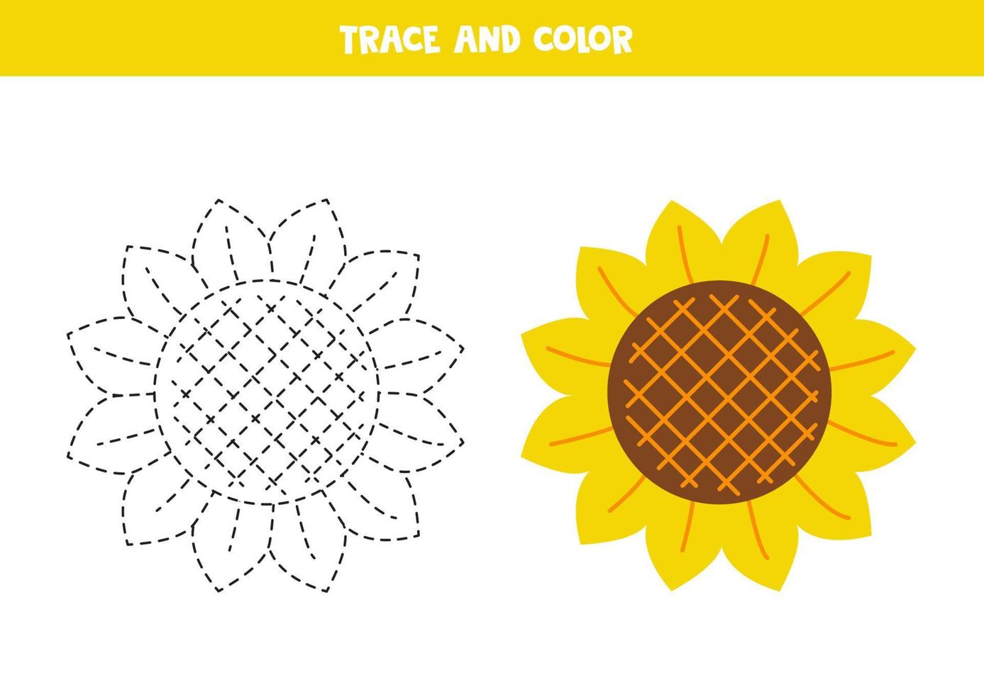 Trace and color cute hand drawn sun flower. Worksheet for children. vector