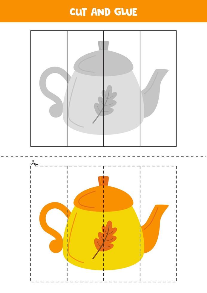 Cut and glue game for kids. Hand drawn tea pot. vector