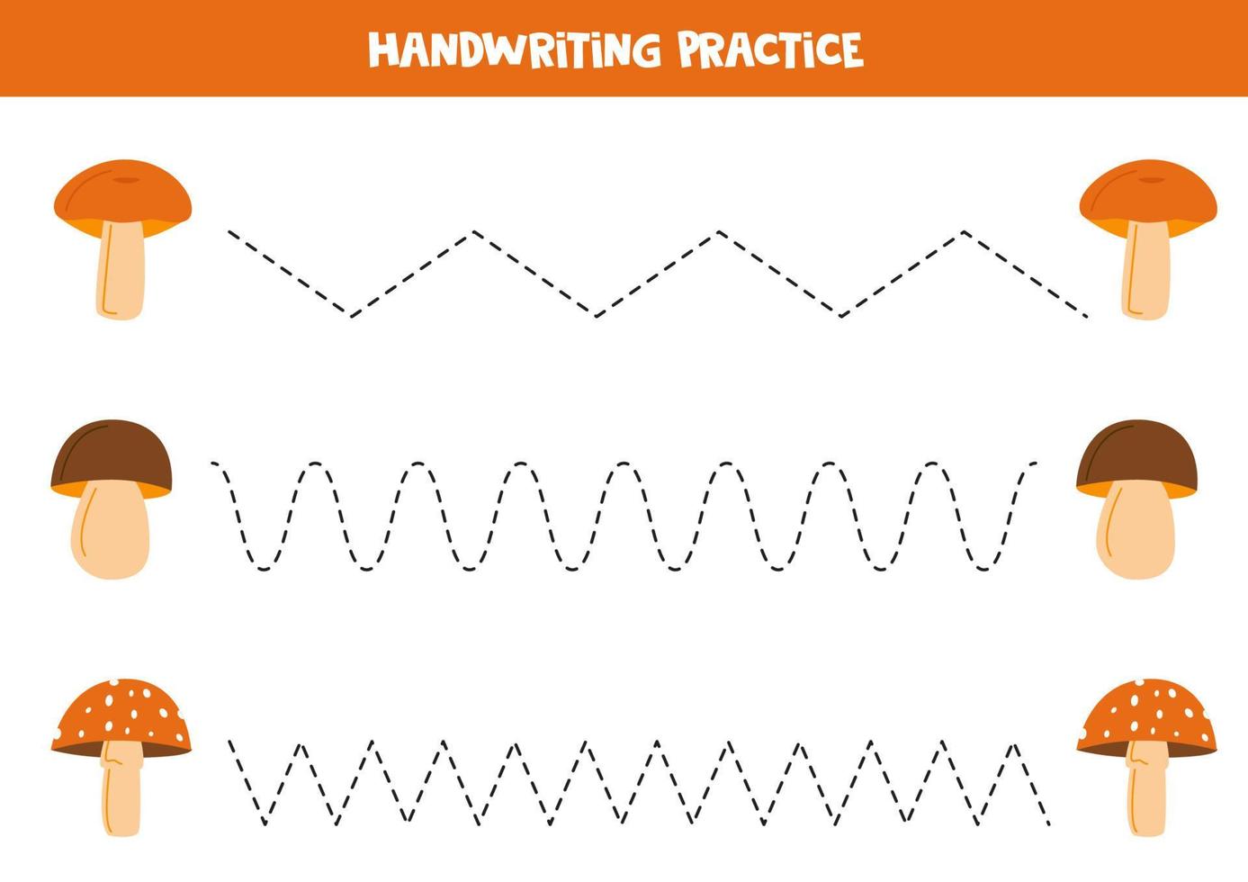 Tracing lines for kids. Hand drawn mushrooms. Writing practice. vector