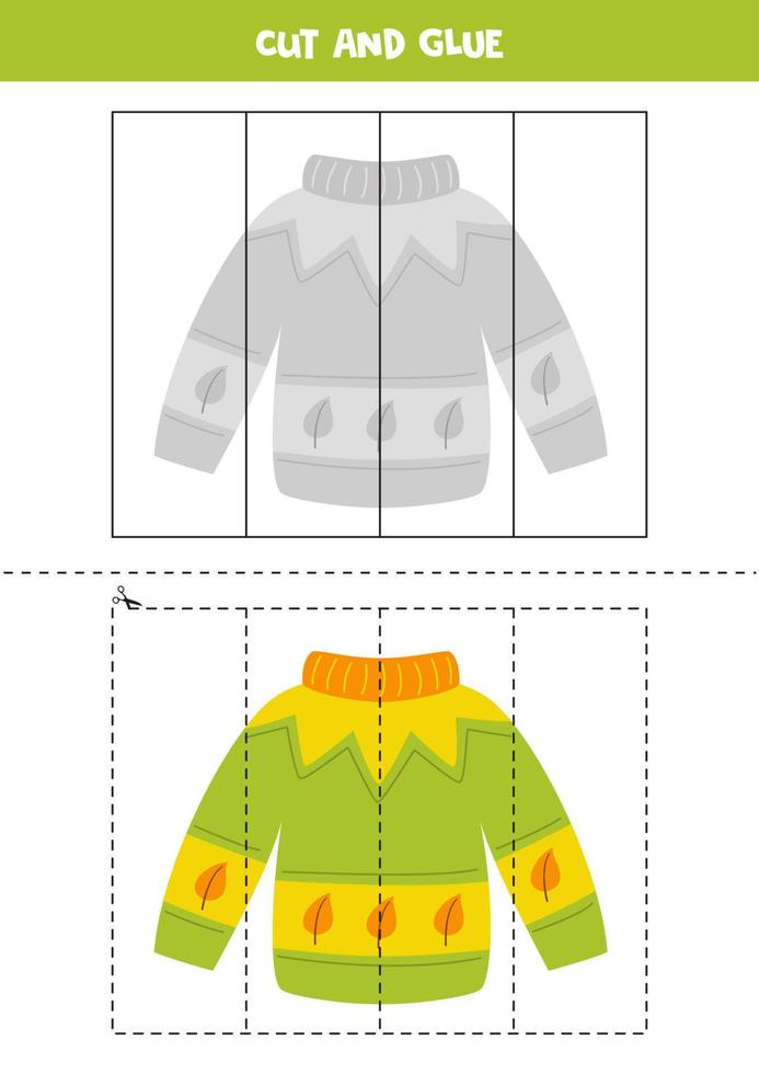 Cut and glue game for kids. Hand drawn green sweater. vector