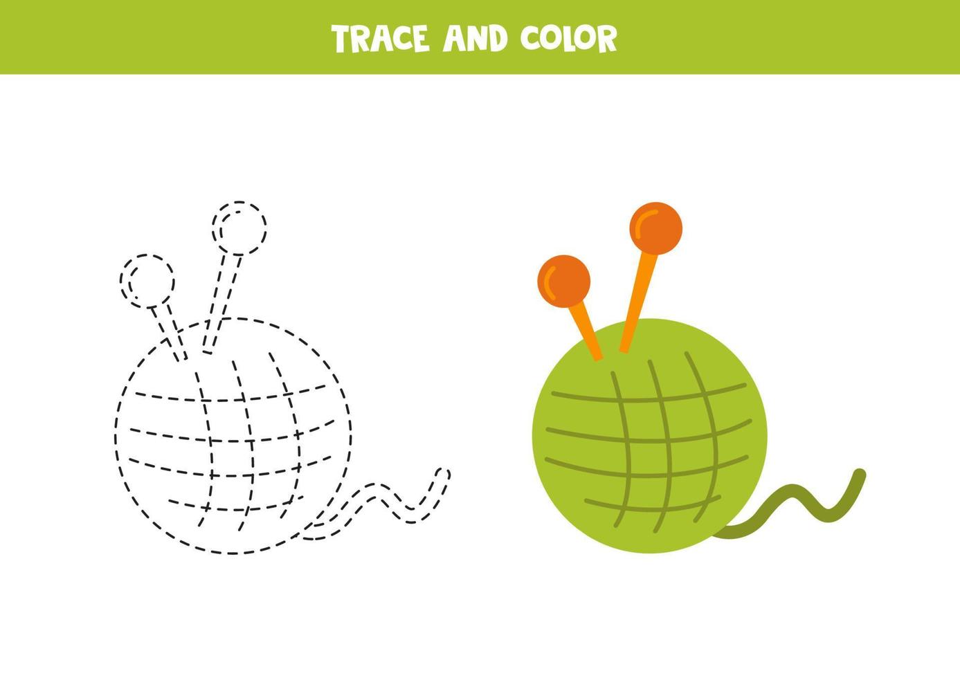 Trace and color cute hand drawn ball of yarn. Worksheet for children. vector