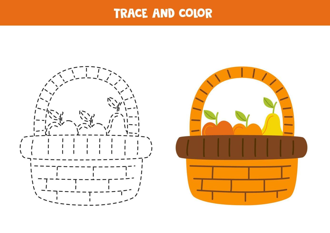 Trace and color cute hand drawn basket with fruits. Worksheet for children. vector