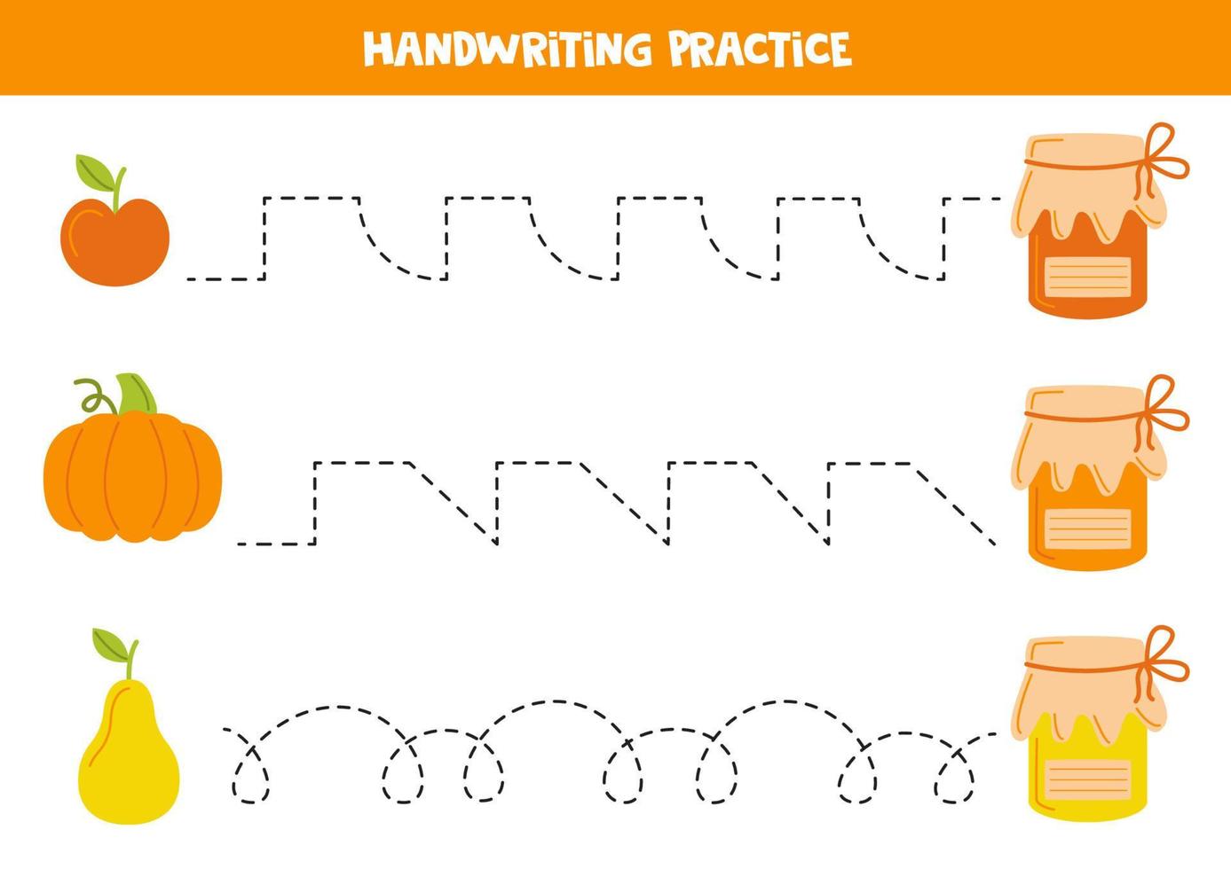 Tracing lines for kids. Hand drawn jams from fruits. Writing practice. vector