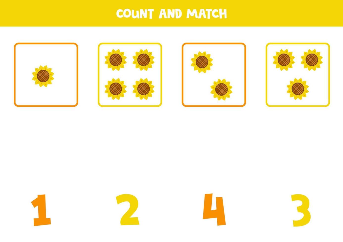 juego de conteo para niños. cuente todas las flores del sol y haga coincidir con los números. hoja de trabajo para niños. vector