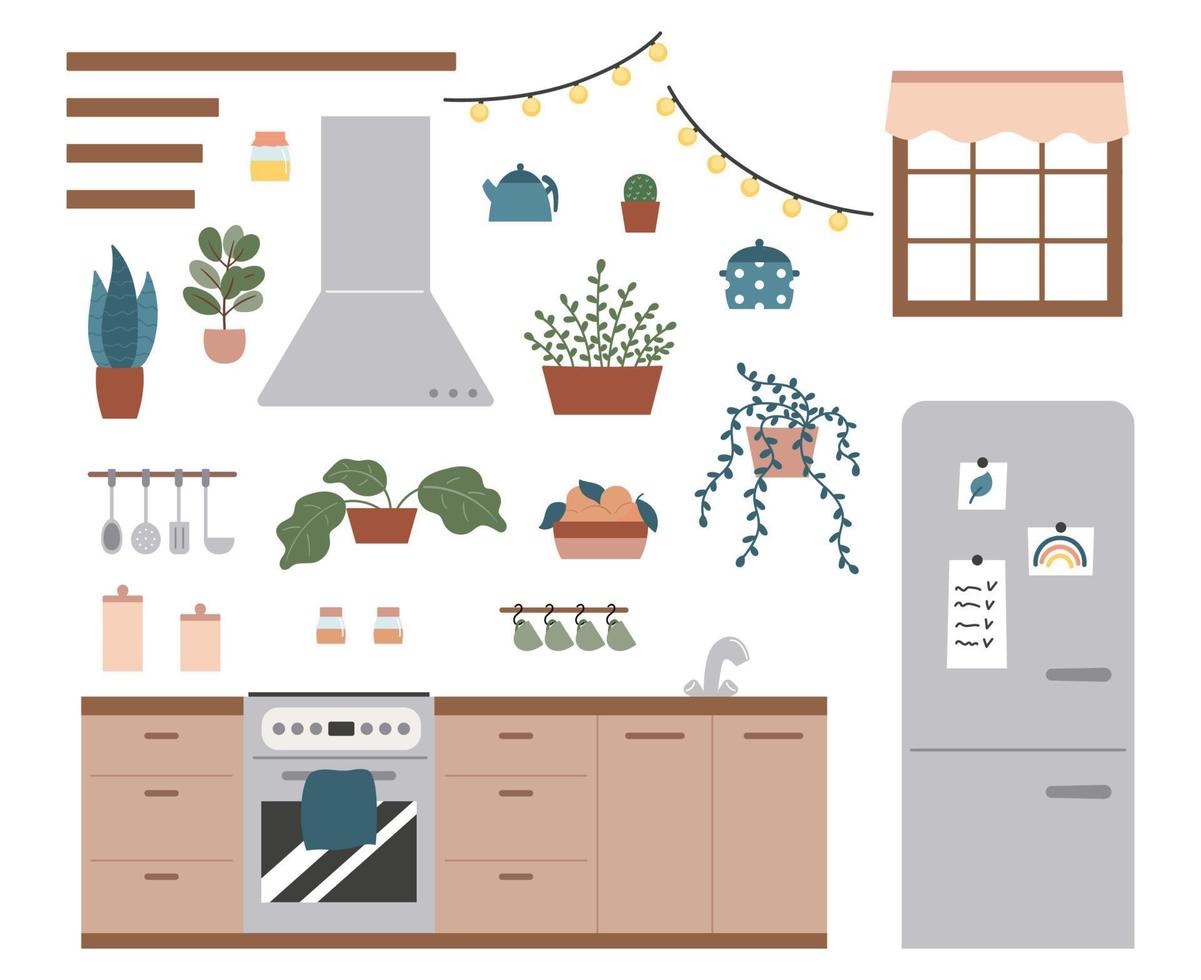 juego de cocina dibujado a mano con muebles, plantas y decoraciones. colores pastel de moda. iconos de fideos para cocinar, panadería, cafetería y restaurante. vector