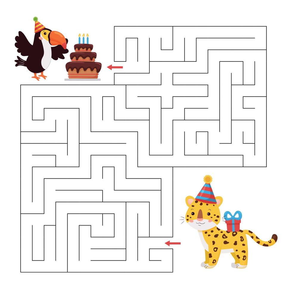 Maze game for birthday party. Cute cartoon jungle animals characters. Toucan bird with cake and leopard with gift. Educational printable worksheet. vector