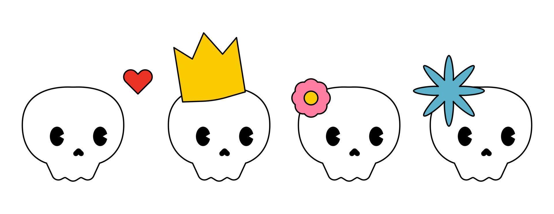 Funny cartoon skulls with heart, crown and flowers. Kawaii style vector illustration.