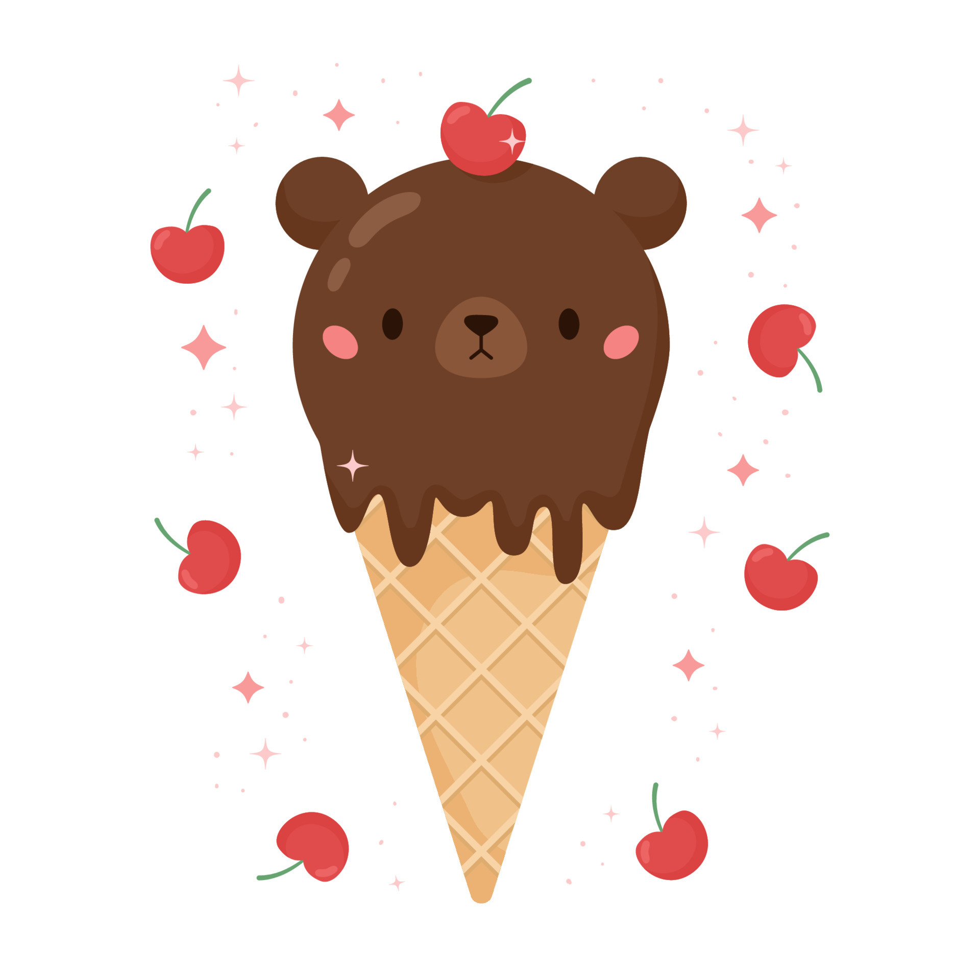 helado de oso kawaii con cereza en el cono de gofre. sabor a chocolate  producto de panadería de postre de comida de dibujos animados. ilustración  vectorial 11084306 Vector en Vecteezy