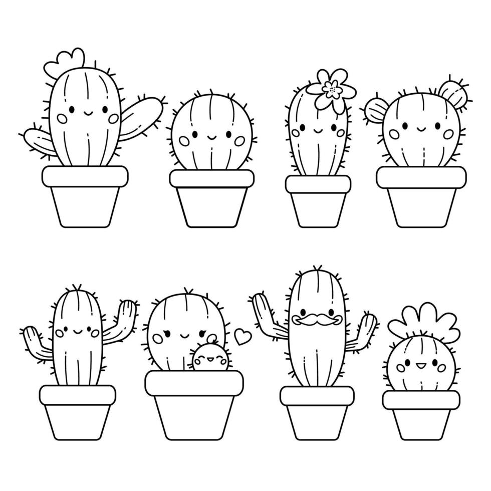 lindo juego kawaii de cactus en macetas. página para colorear plantas de  garabatos dibujadas a mano. cactus de dibujos animados para colorear libro.  ilustración vectorial 11084308 Vector en Vecteezy