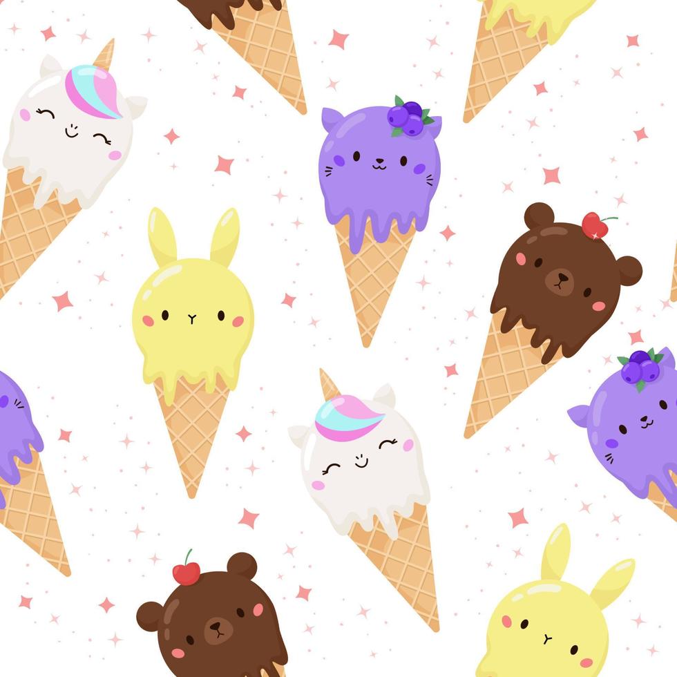 Kawaii seamless pattern with cute animal shaped ice cream. Chocolate, lemon, blueberry, bubble gum flavor. Cartoon food. Vector illustration.