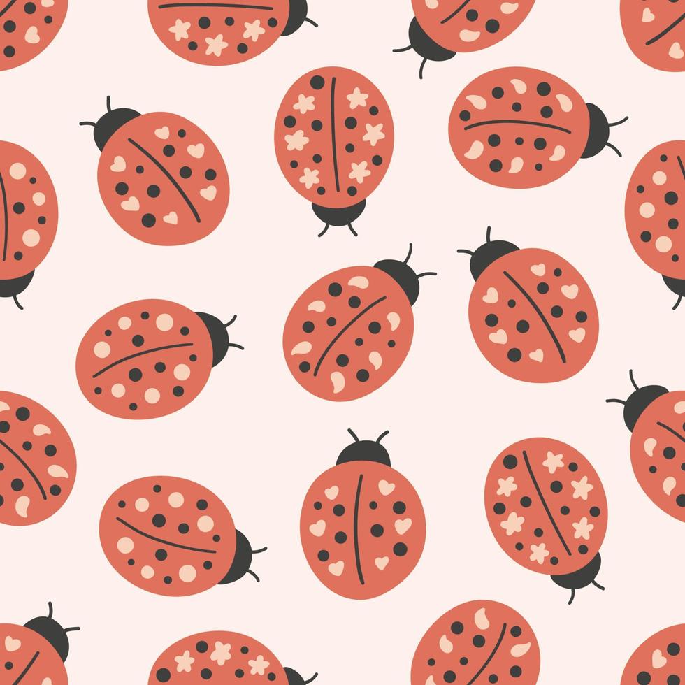 Hand drawn seamless pattern with ladybug and strawberry. Vector doodle plants and flowers. Stylized insects.