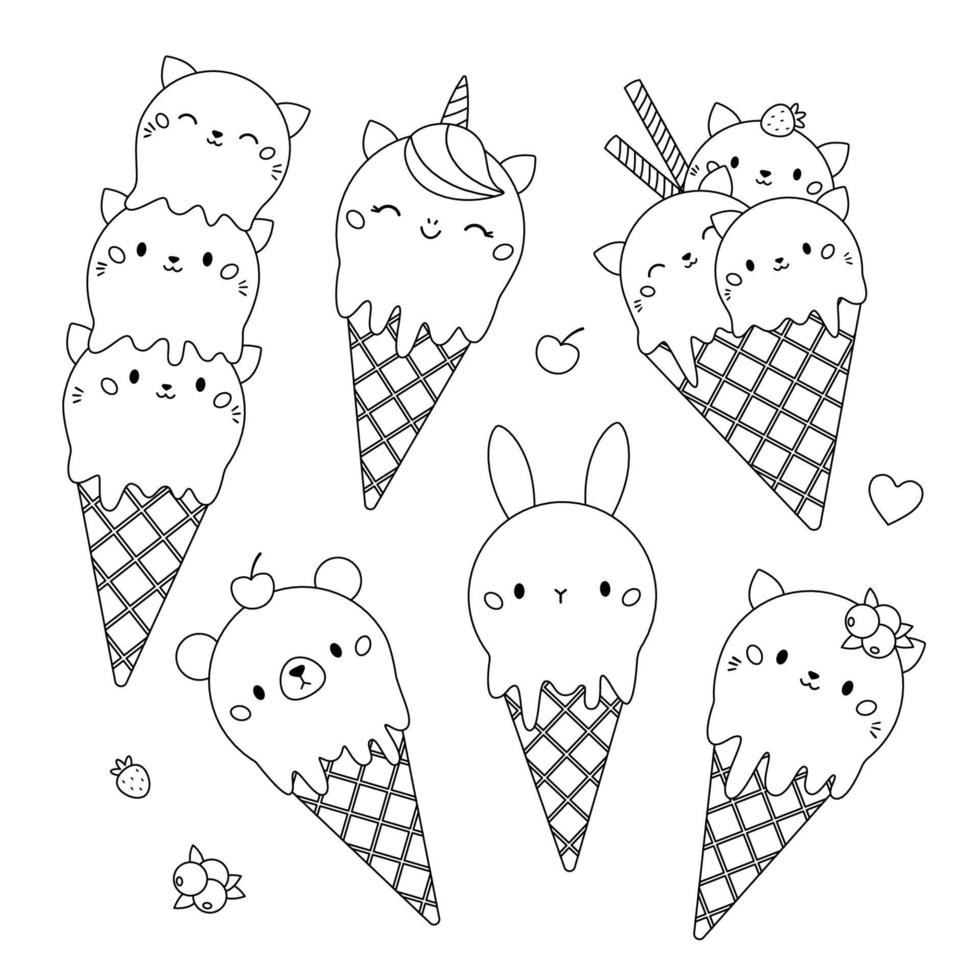 página de coloración kawaii con lindo helado en cono de gofre. Diferentes bolas de helado con forma de animal. producto de panadería de postre de comida de dibujos animados. ilustración vectorial para colorear libro. vector