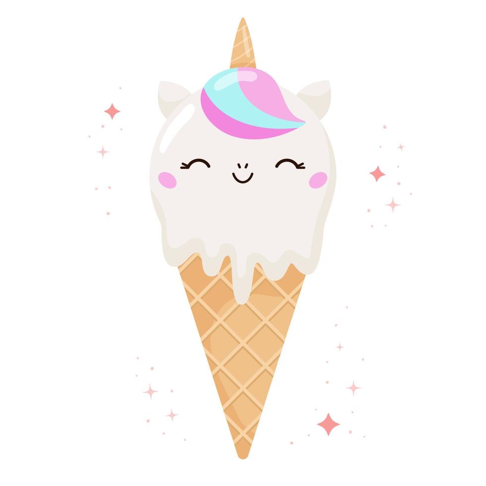 Kawaii unicorn ice cream with bubble gum taste. Cartoon food dessert bakery product. Round pony in the waffle cone. Vector illustration.