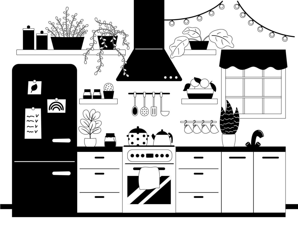 Cozy kitchen interior with plants in pots. Vector black and white outline illustration.